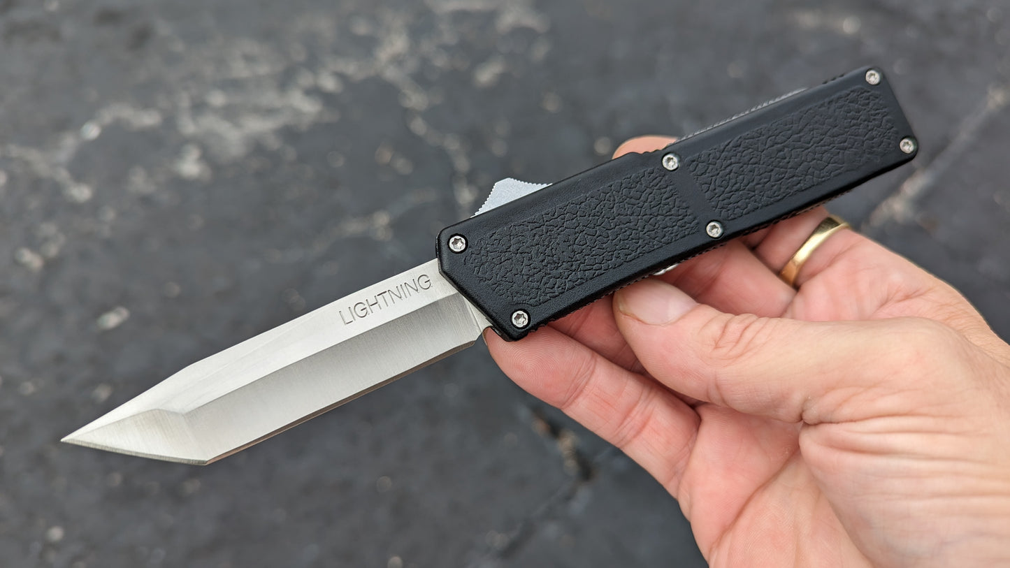 Lightning OTF Knife Black Stainless Tanto Plain Edge