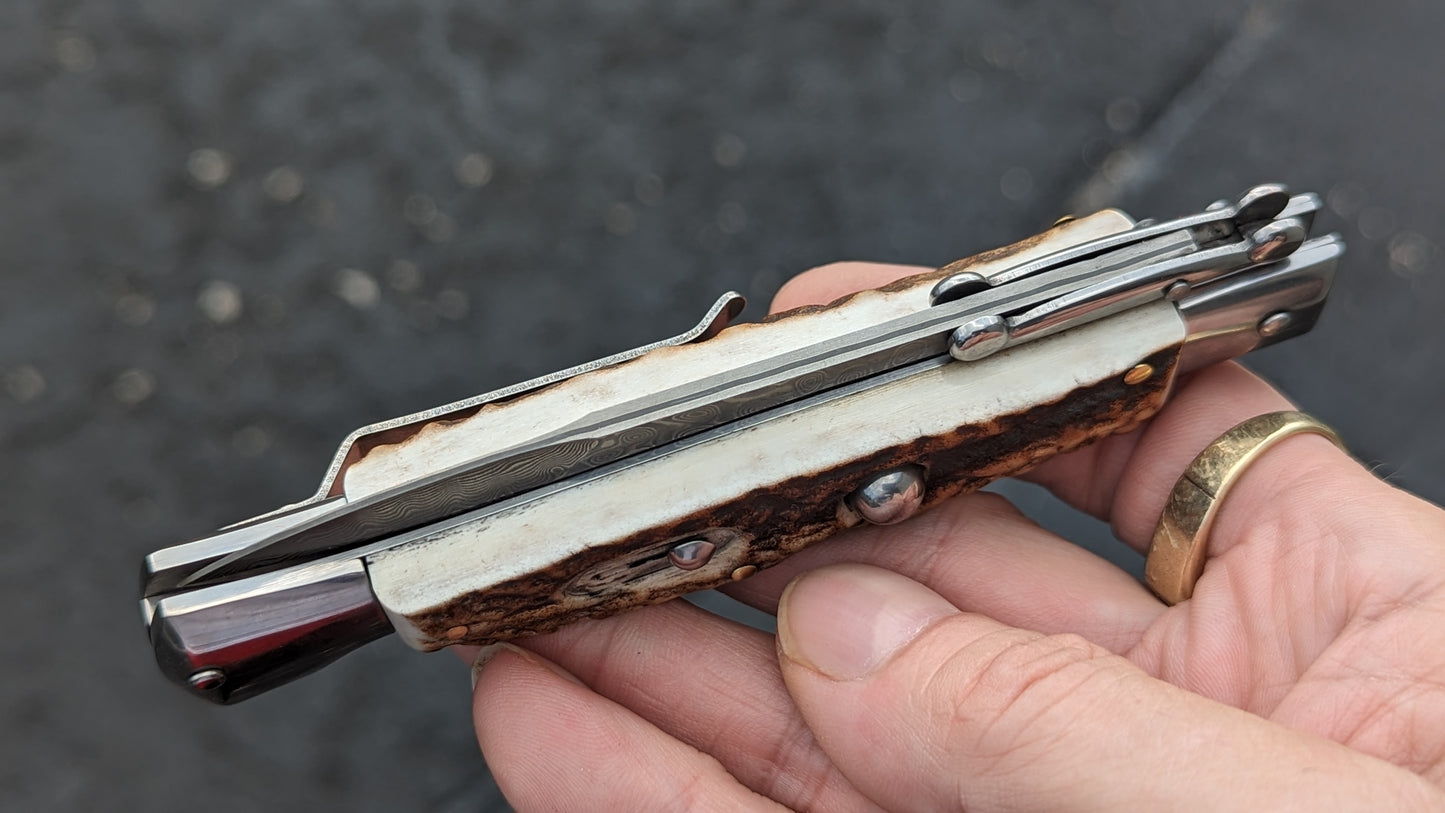 AKC WORLD ITALY 9" STAG HORN DAMASCUS SWINGUARD BOXED SET