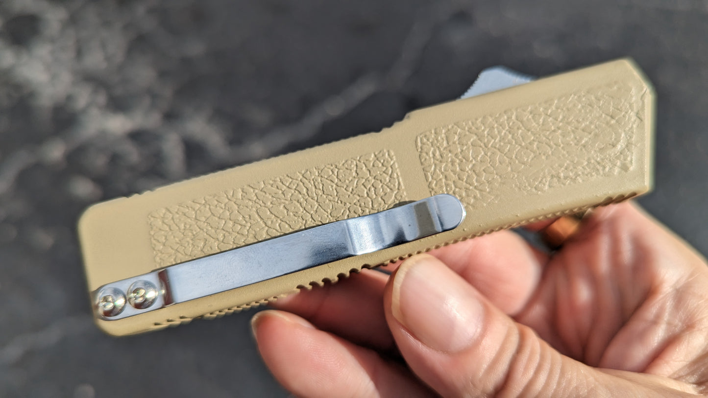 TAIWAN LIGHTNING OTF KNIFE SAND 2-TONE PLAIN EDGE DROP POINT BLADE