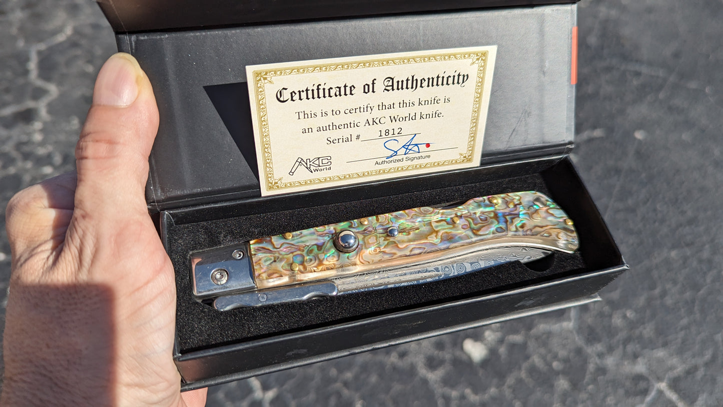 AKC WORLD 11" ROMA FAUX ABALONE DAMASCUS SWINGUARD