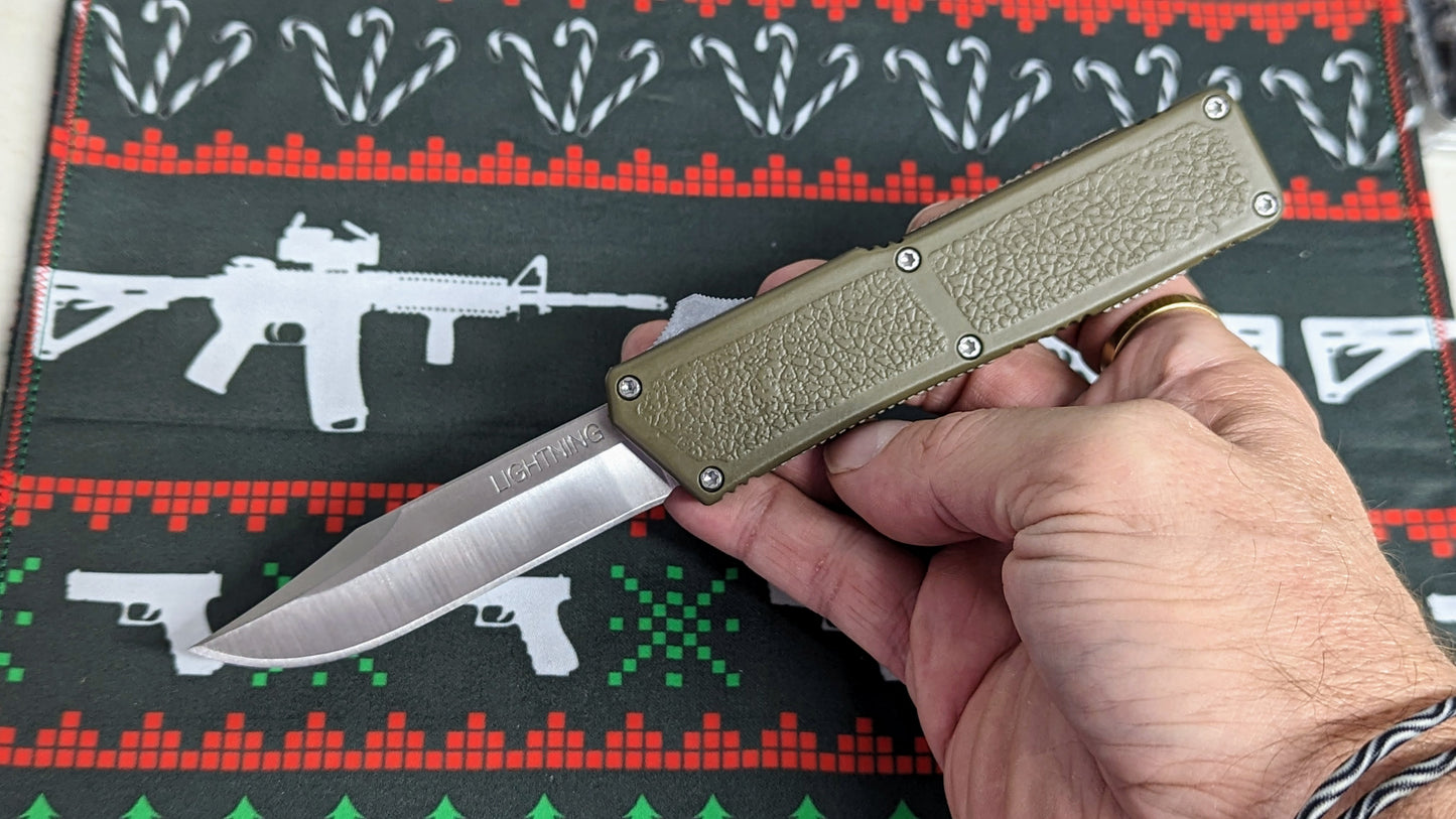 Lightning OTF Knife Olive Drab Stainless Plain Edge Clip Point