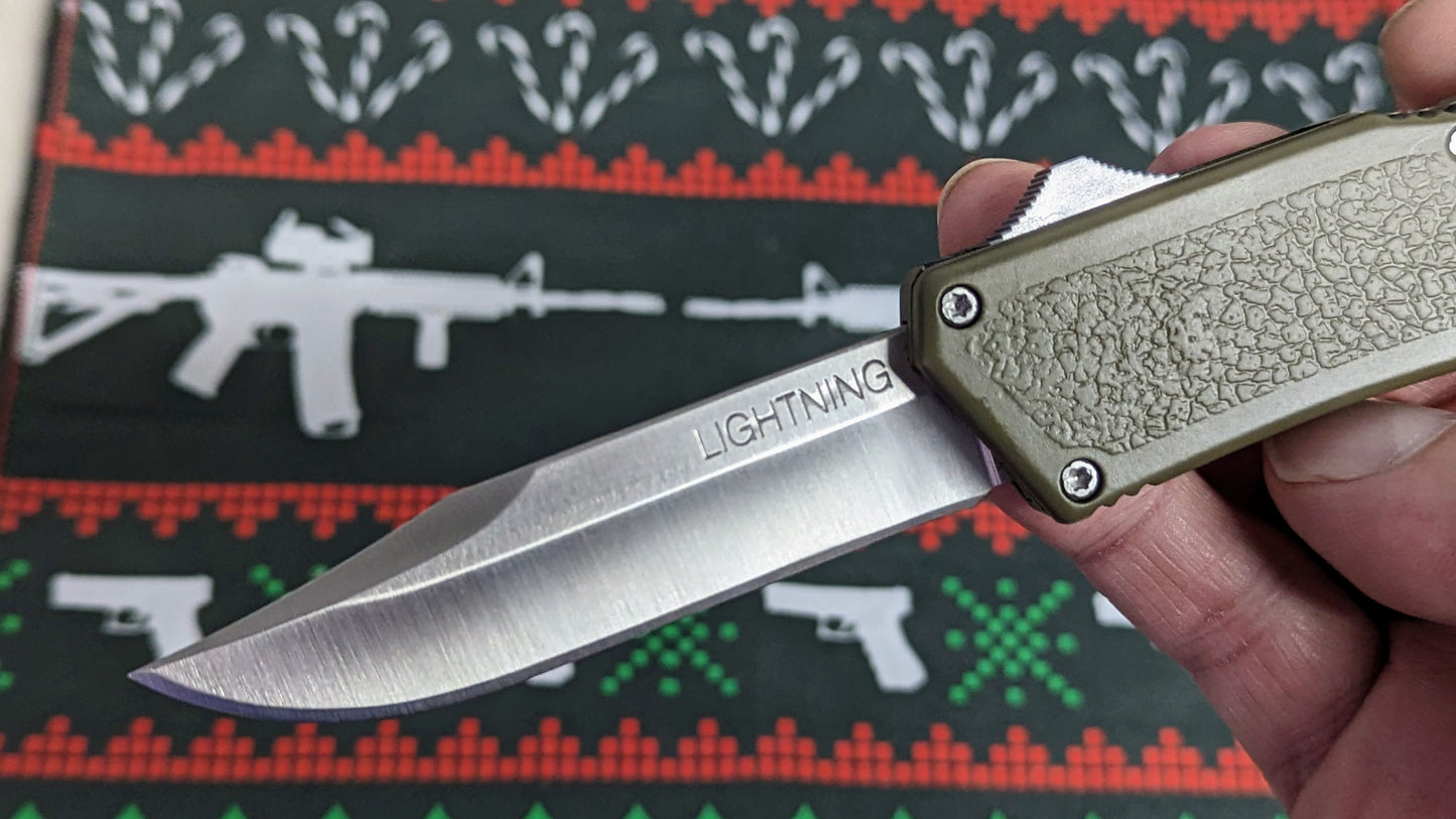 Lightning OTF Knife Olive Drab Stainless Plain Edge Clip Point