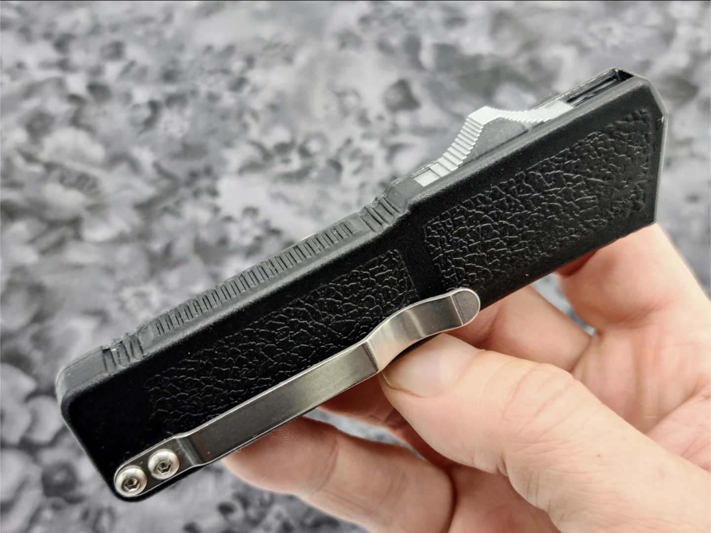 Lightning OTF Knife Black Stainless Tanto Serrated Edge