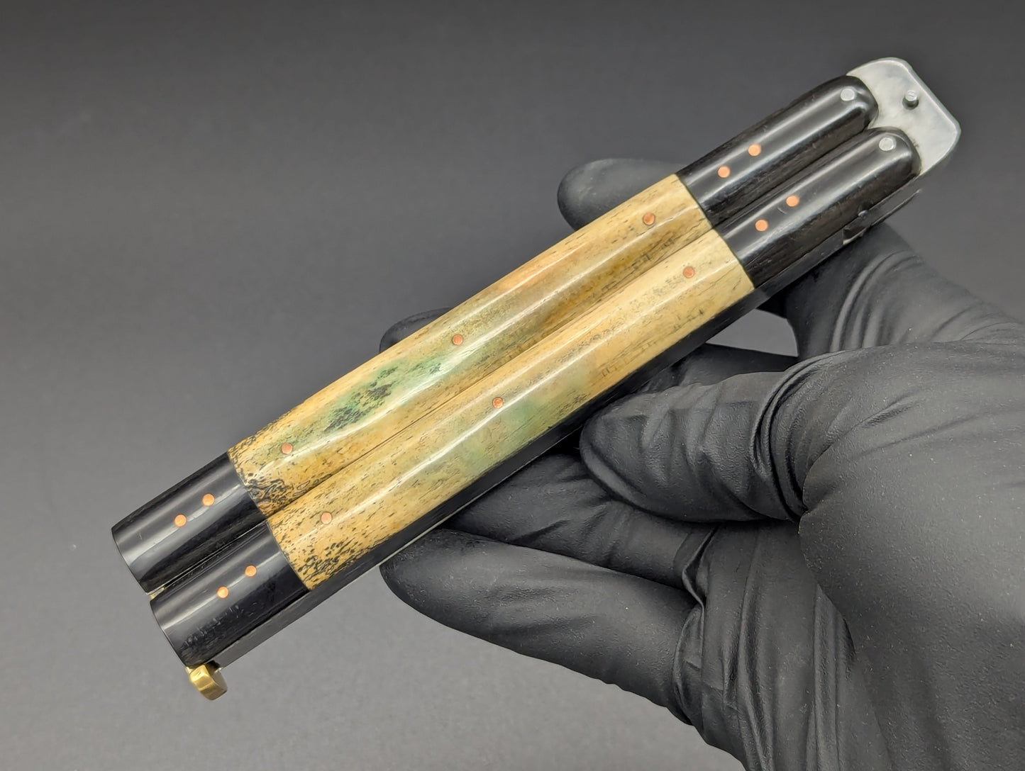 FHM BALISONG AGED BONE & CARABOA HORN 11" OL CLIP POINT BLADE