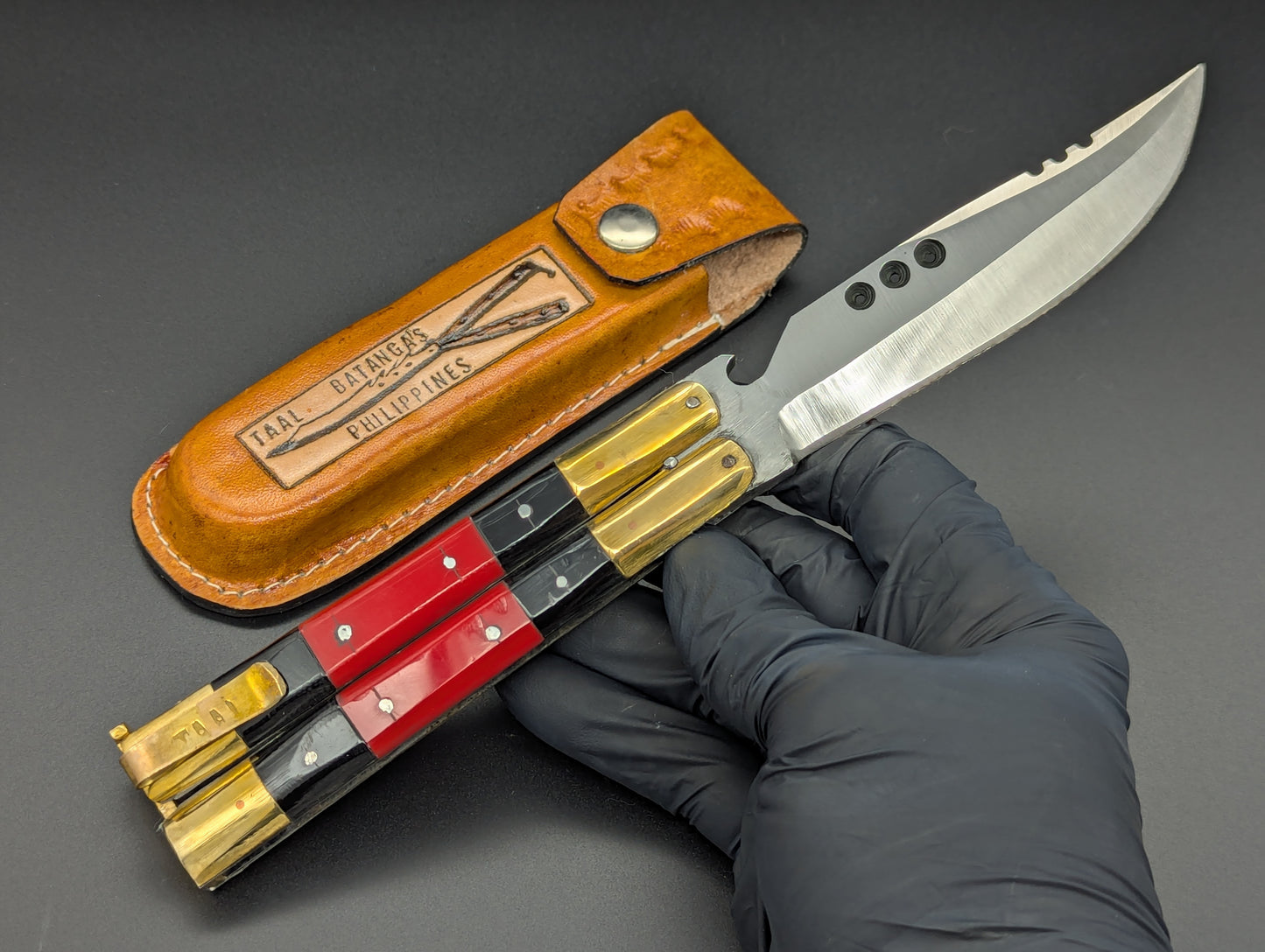 9" RED & BLACK FHM BALISONG w/ CLIP & SHEATH RAMBO B/O