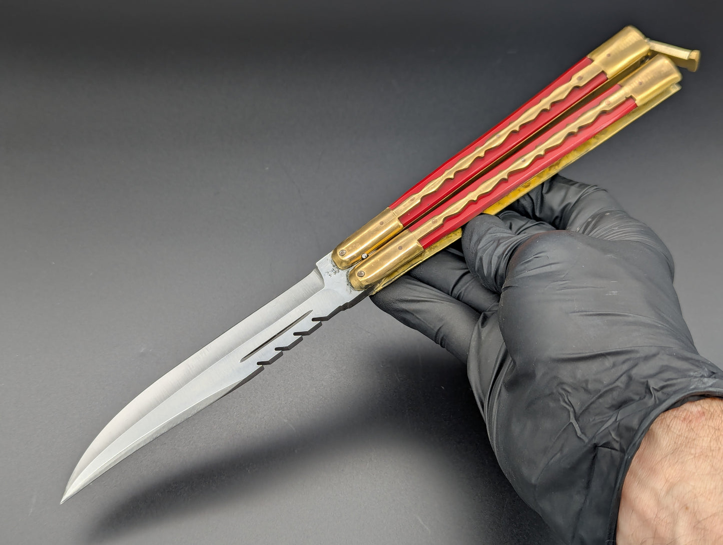 11" KALAPKUP BRASS/ RED BLOOD CLIP POINT FHM BALISONG