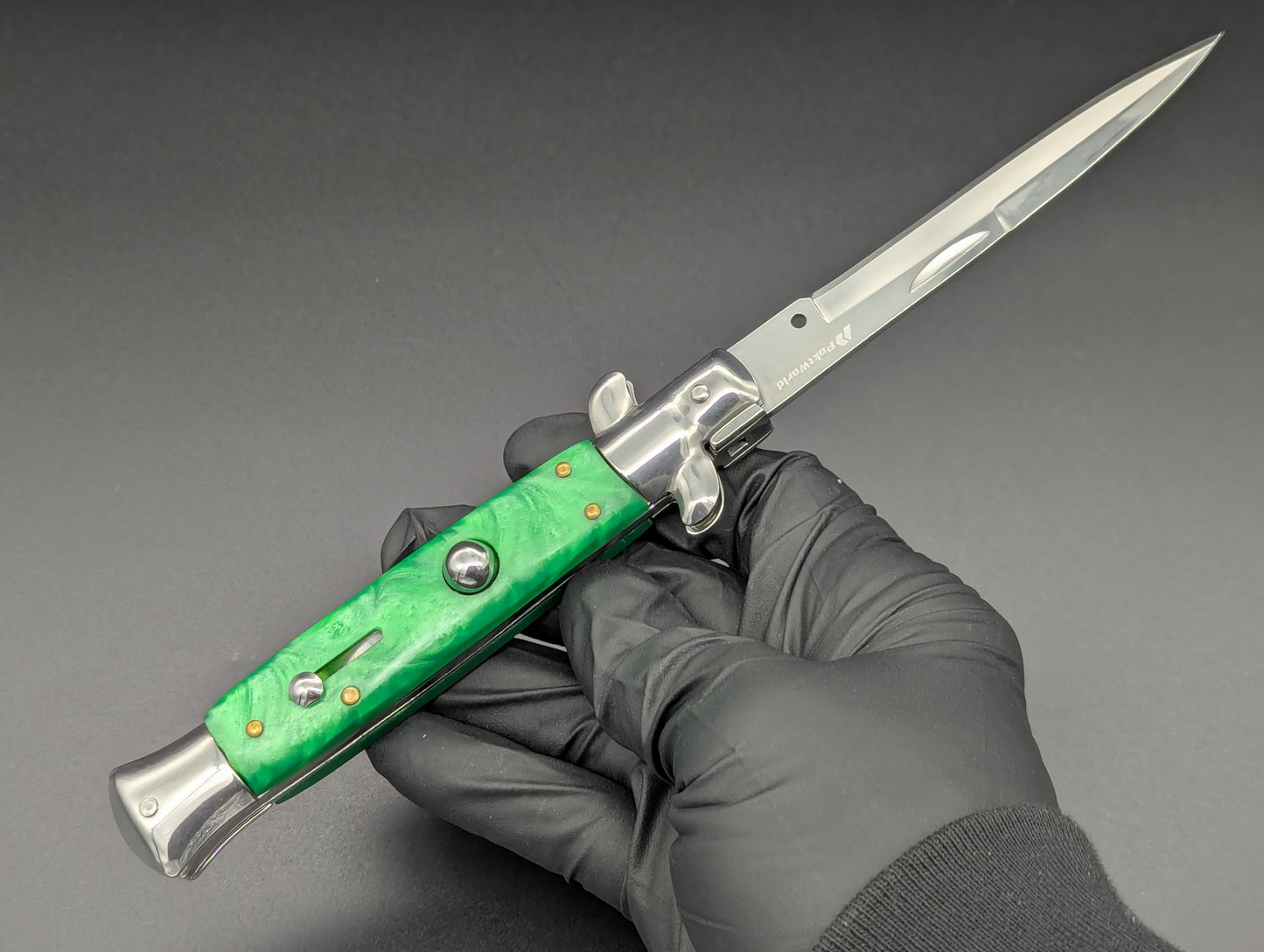 9" GREEN PEARL BAYO BLADE ITALIAN STYLE STILETTO