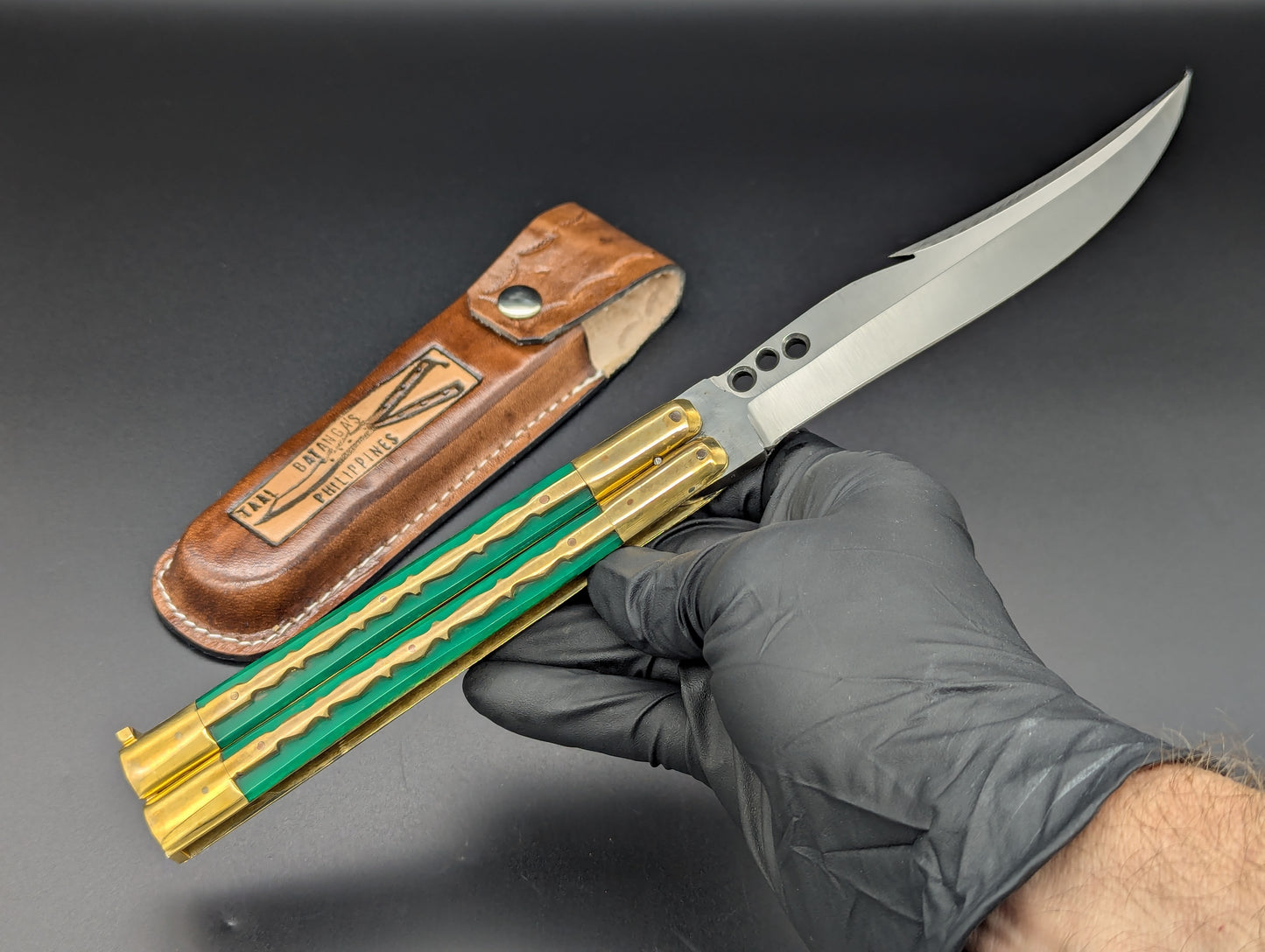 11" GREEN KALAPKOP GUT HOOK CLIP POINT FHM BALISONG