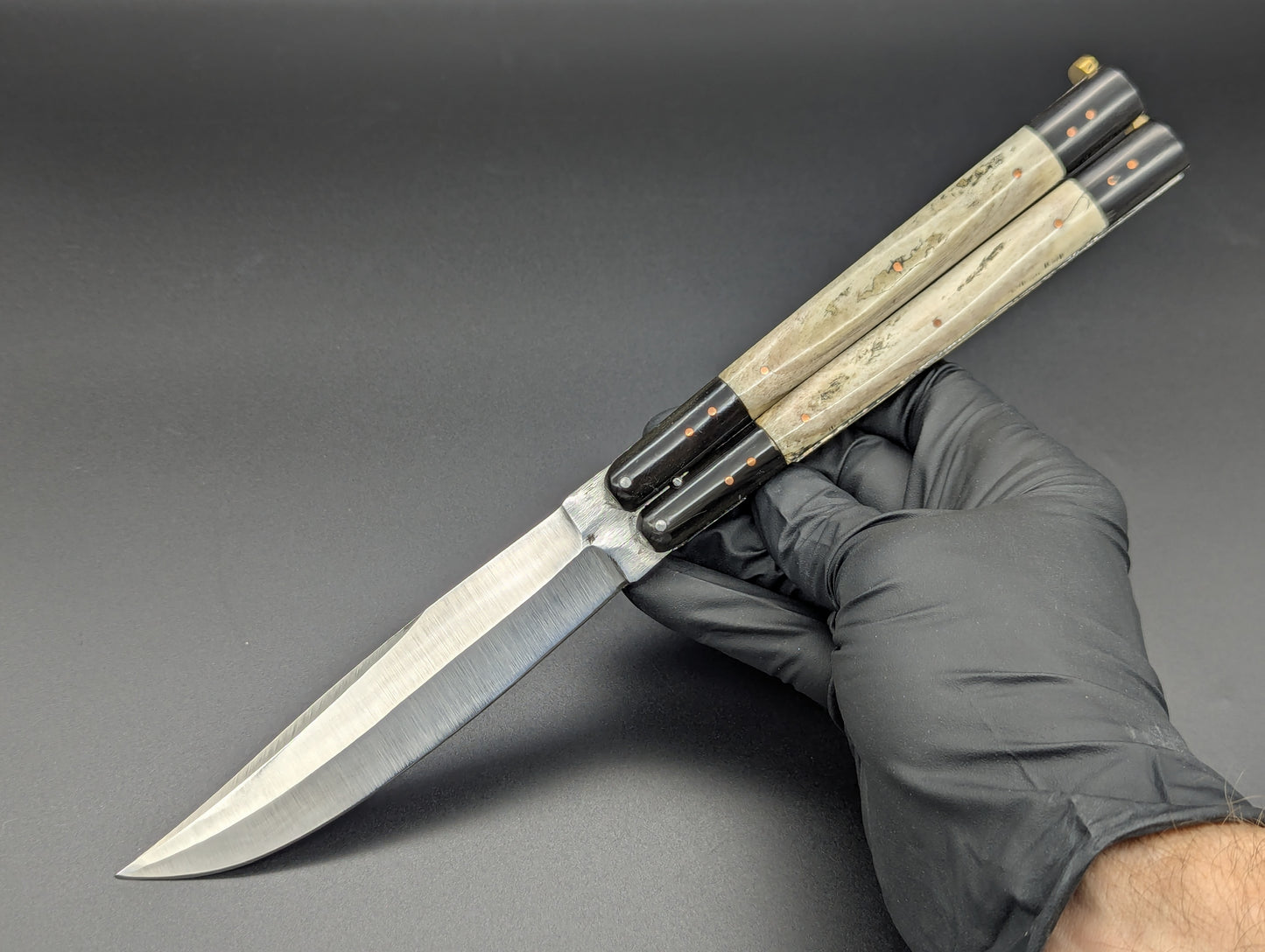 FHM BALISONG AGED BONE & CARABOA HORN 11" OL CLIP POINT BLADE