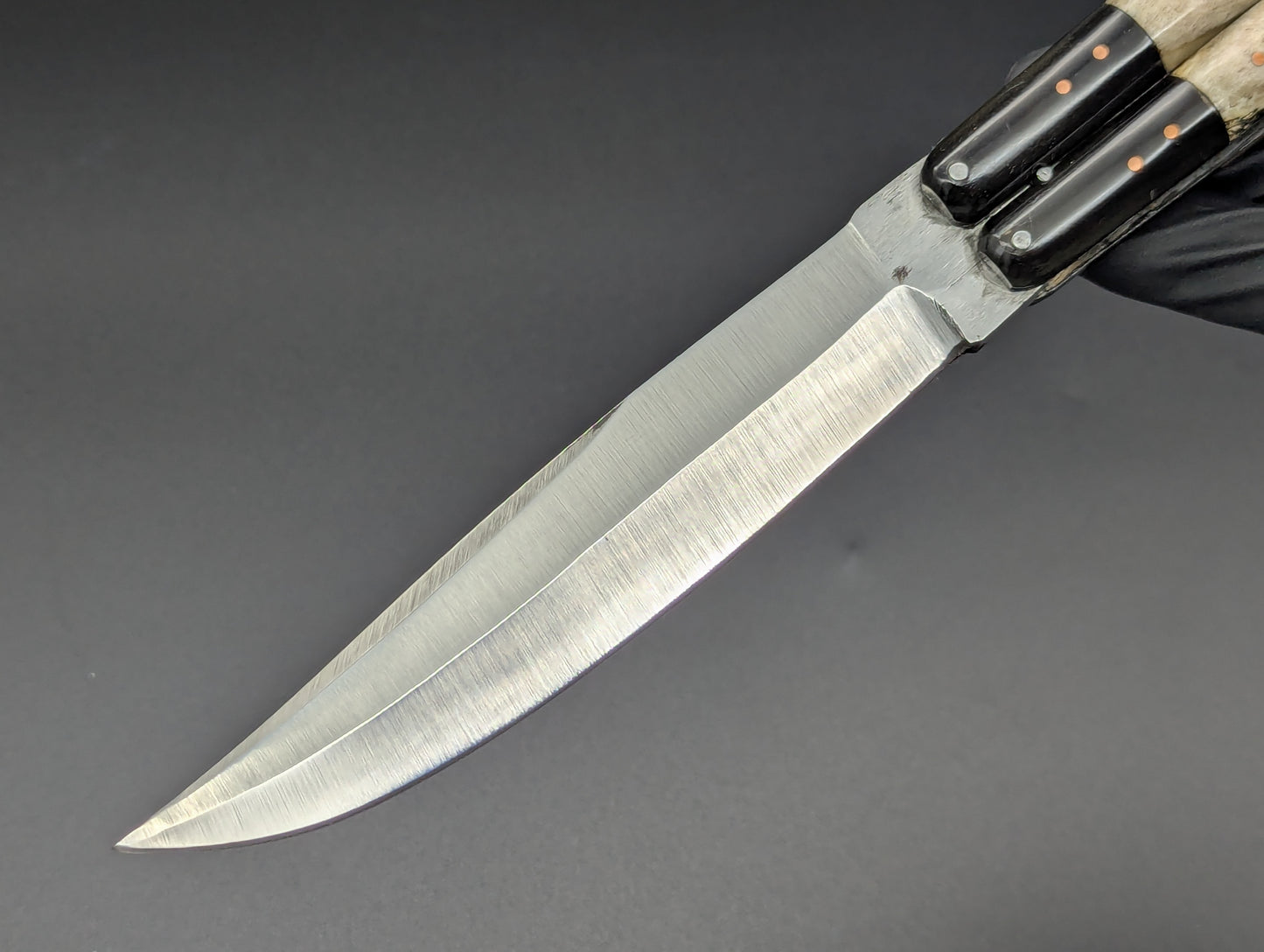 FHM BALISONG AGED BONE & CARABOA HORN 11" OL CLIP POINT BLADE