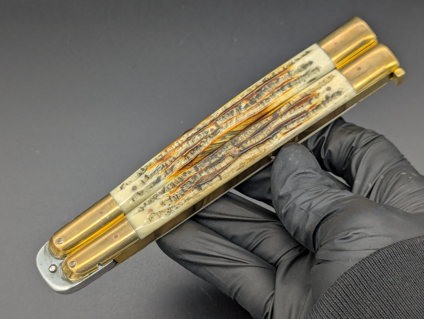 11" JIGGED COWBONE BRASS FHM BALISONG BLOOD CLIP