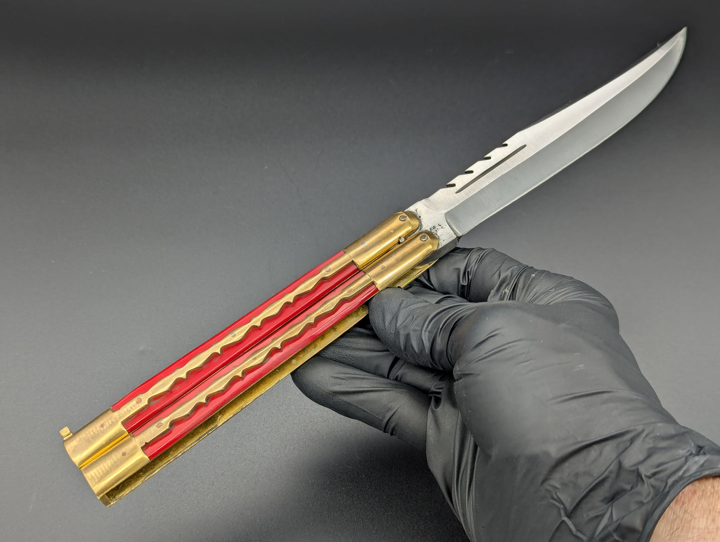 11" KALAPKUP BRASS/ RED BLOOD CLIP POINT FHM BALISONG