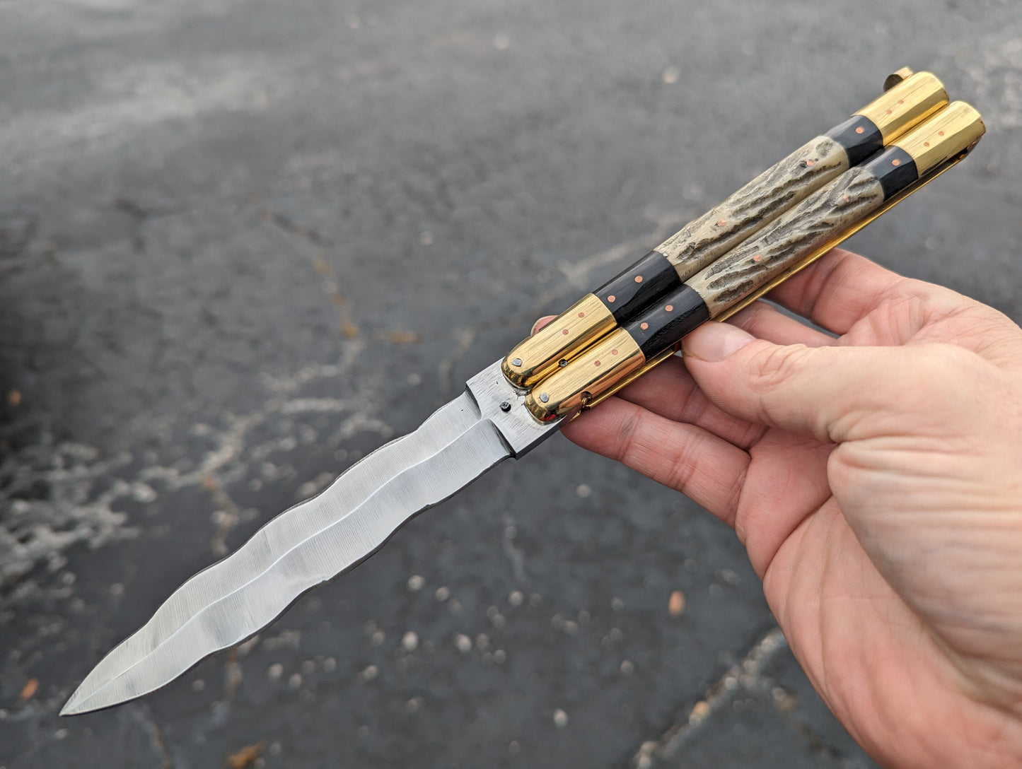 11" FHM 2-TONE STAG/ BONE BRASS BALISONG KRIS BLADE