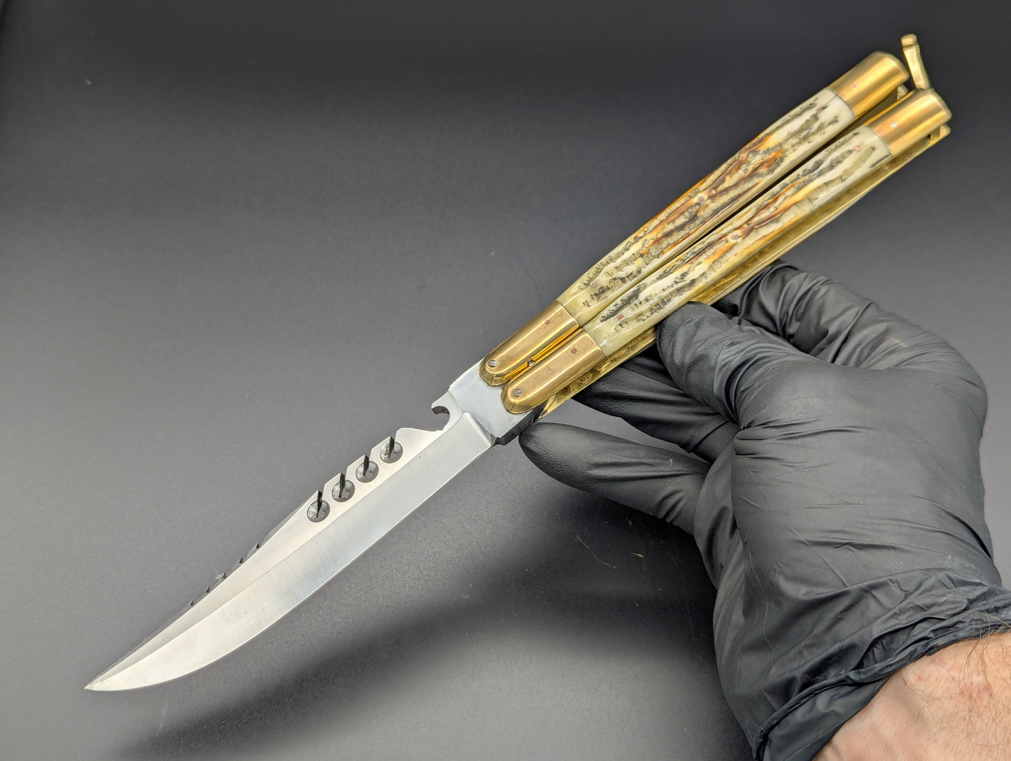 11" JIGGED COWBONE BRASS FHM BALI KNIFE RAMBO B/O CLIP POINT