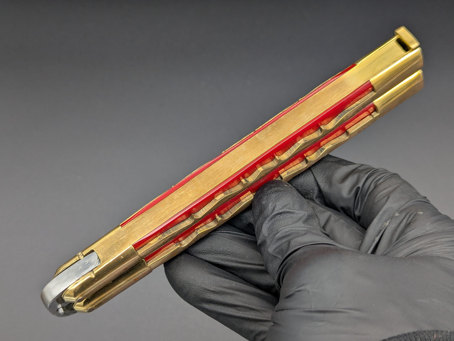 11" KALAPKUP BRASS/ RED RAMBO CLIP POINT FHM BALISONG