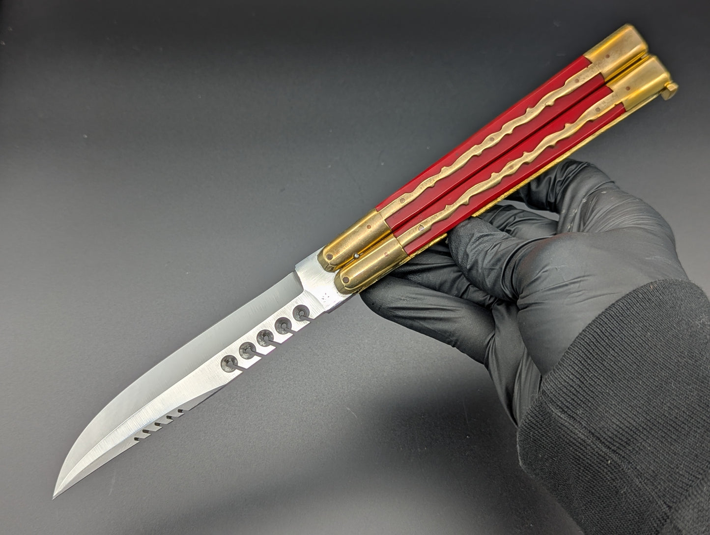 11" KALAPKUP BRASS/ RED RAMBO CLIP POINT FHM BALISONG