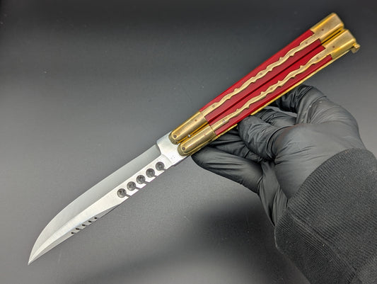 11" KALAPKUP BRASS/ RED RAMBO CLIP POINT FHM BALISONG