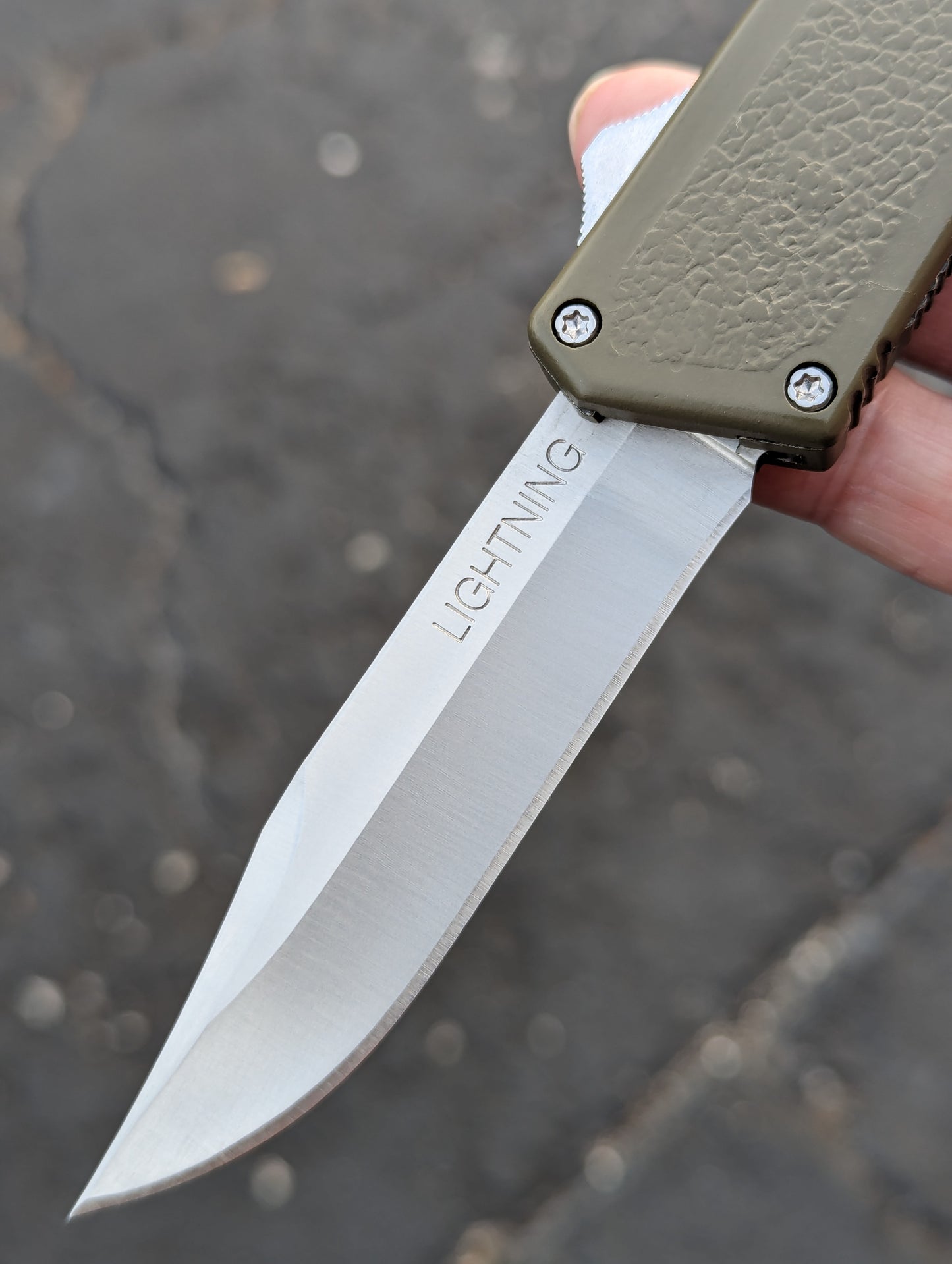 Lightning OTF Knife Olive Drab Stainless Plain Edge Clip Point