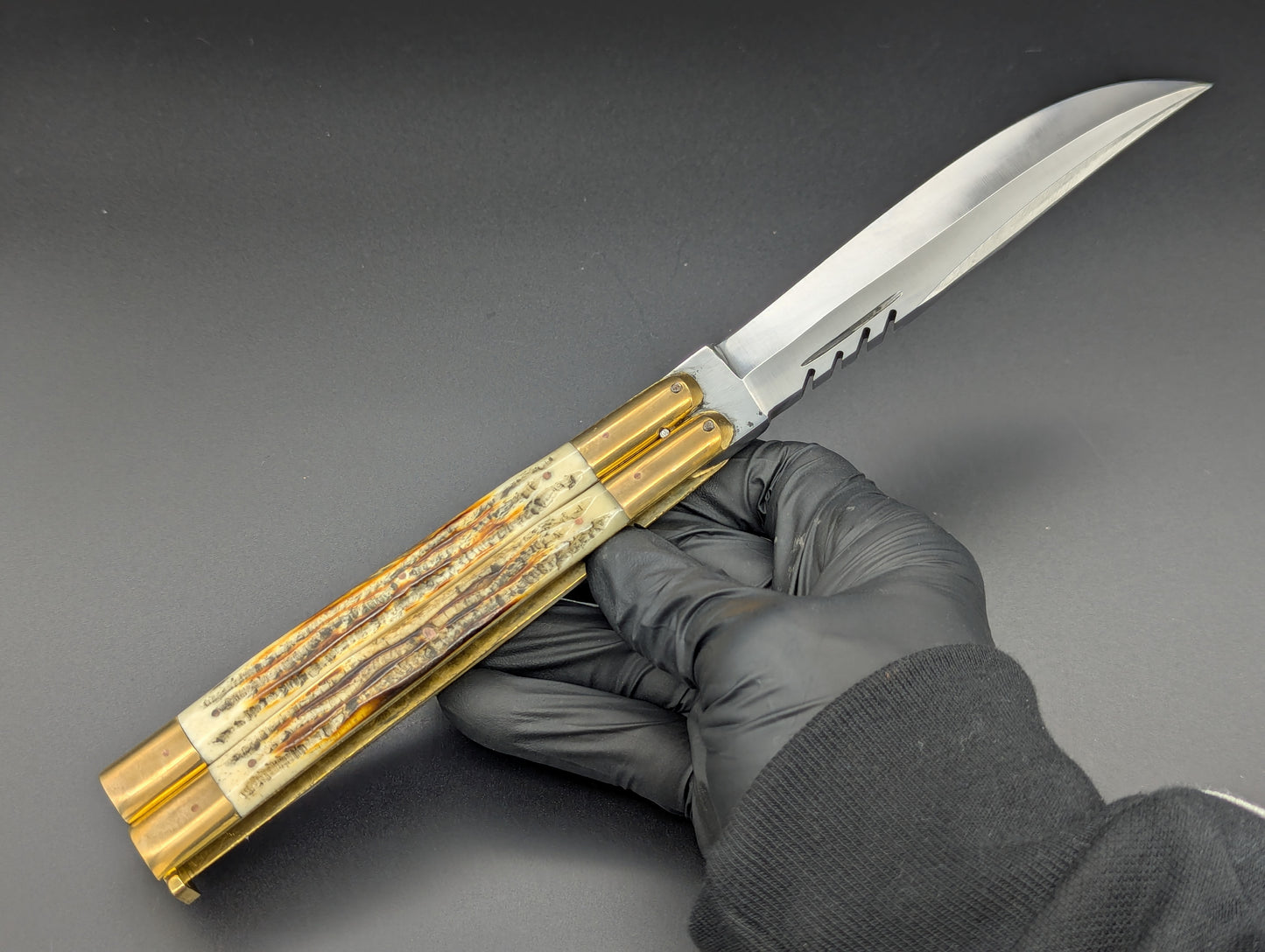 11" JIGGED COWBONE BRASS FHM BALISONG BLOOD CLIP