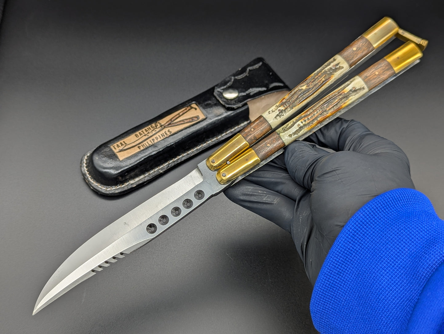 11" JIGGED COWBONE & WOOD FHM BALISONG RAMBO CLIP