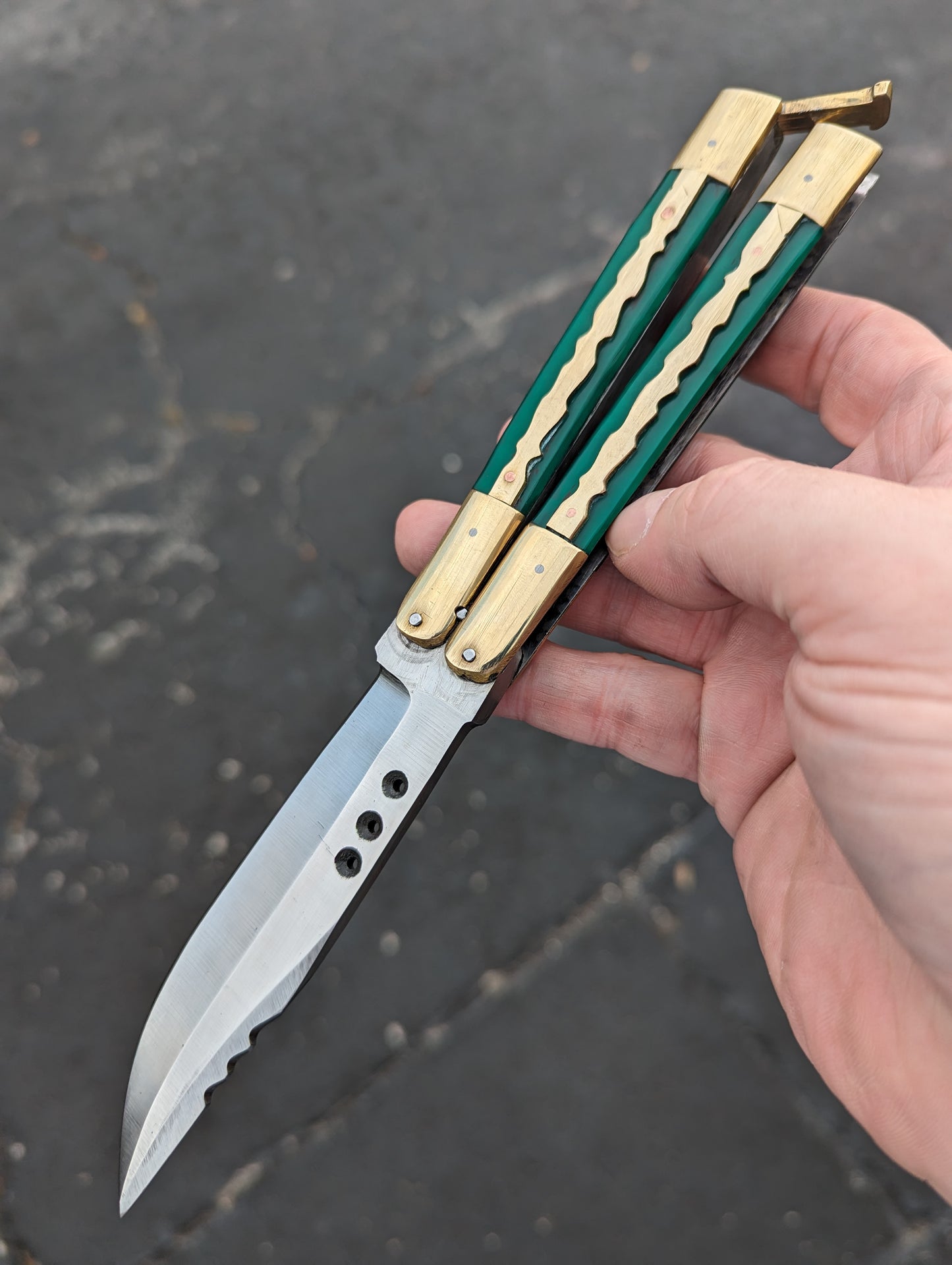 9.5" FHM KALUPKOP GREEN & BRASS BALISONG RAMBO #1