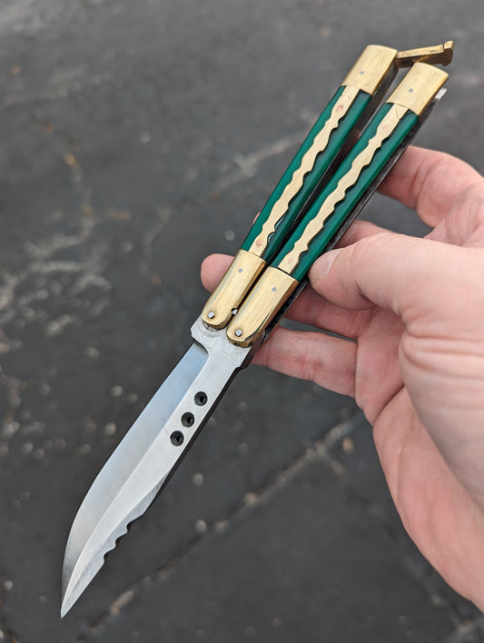 9.5" FHM KALUPKOP GREEN & BRASS BALISONG RAMBO #1