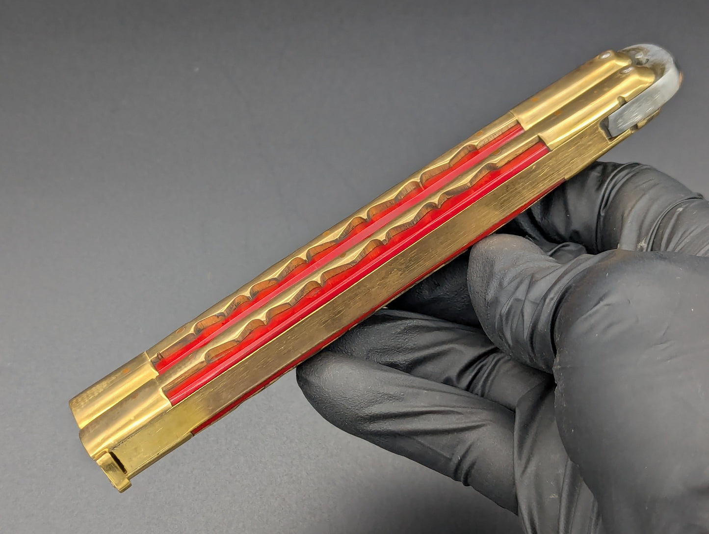 11" KALAPKUP BRASS/ RED BLOOD CLIP POINT FHM BALISONG