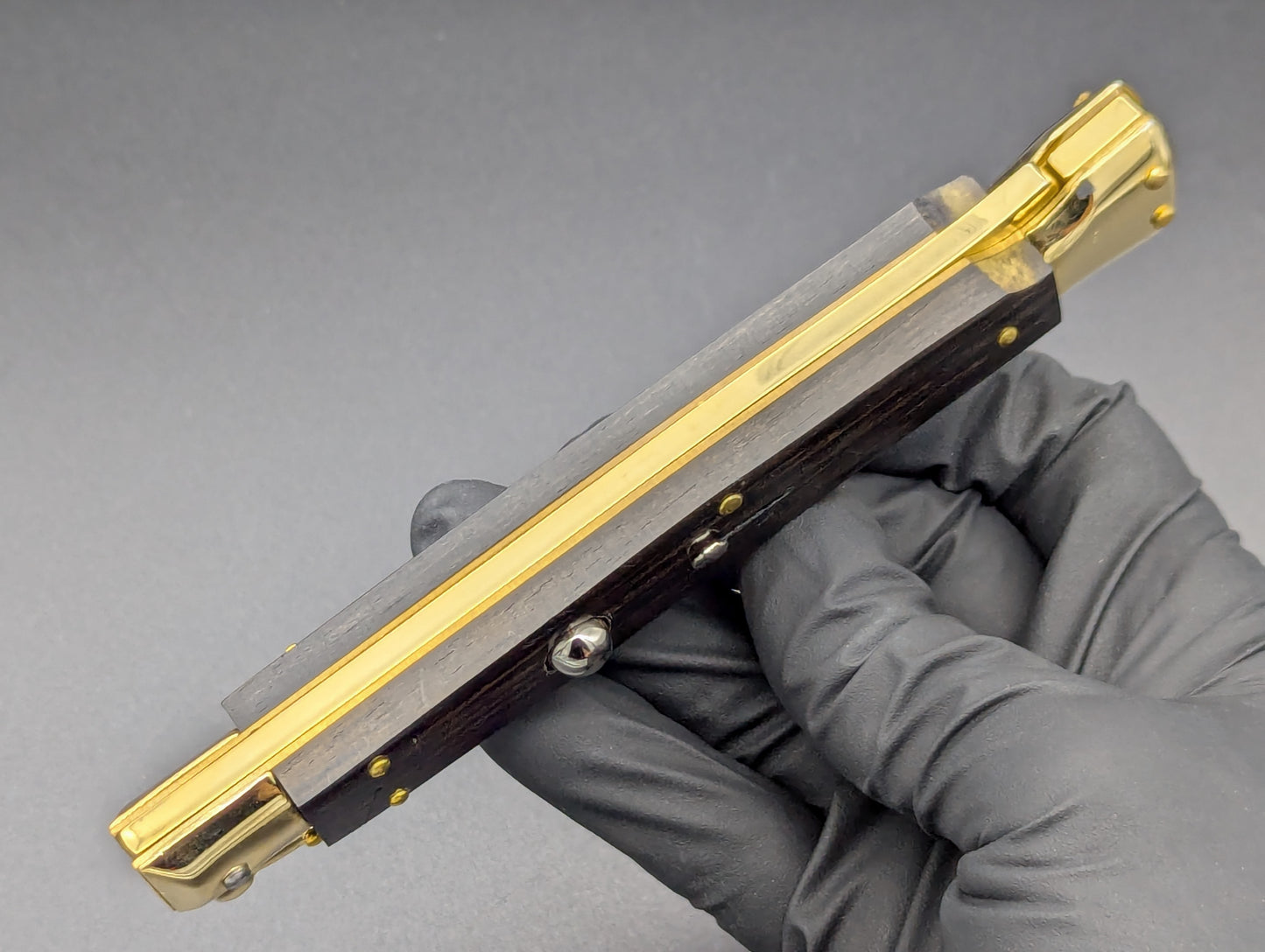 24K GOLD 11" FRANK BELTRAME EBONY WOOD SWINGUARD SWITCHBLADE KNIFE