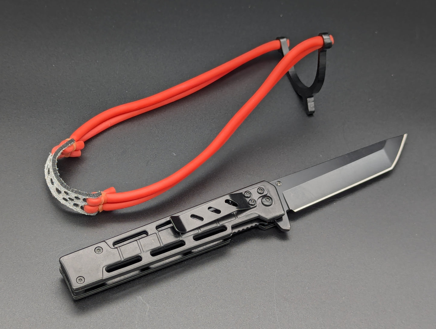 Spring Assisted Tanto Knife w/ Dual Band Slingshot