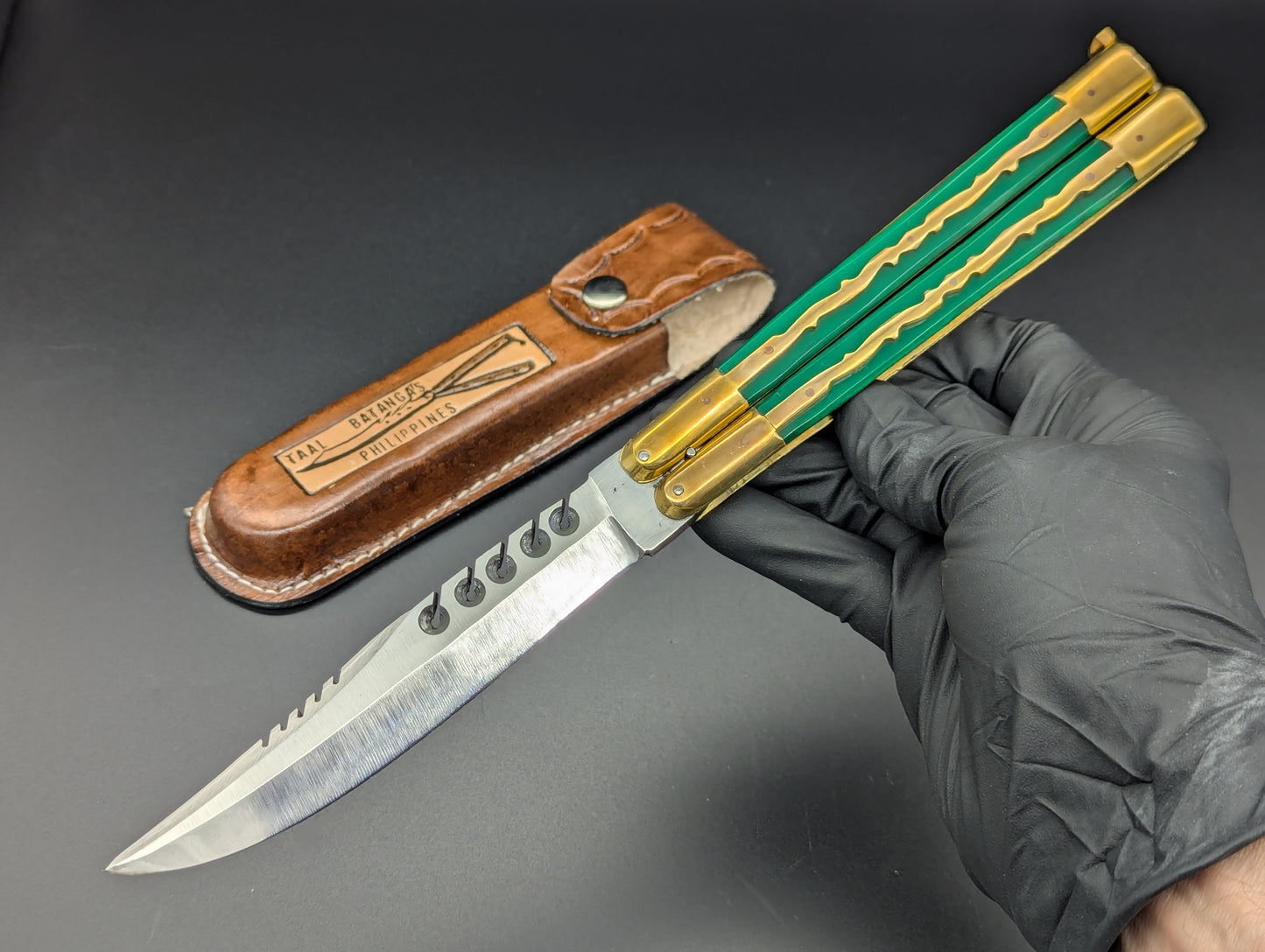 11" GREEN BRASS KALAPKUP RAMBO CLIP POINT FHM BALISONG