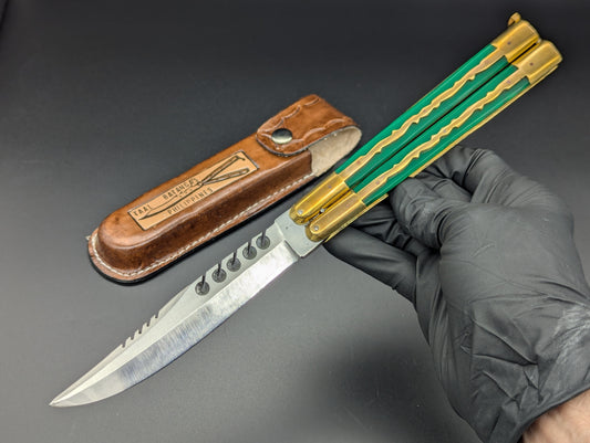 11" GREEN BRASS KALAPKUP RAMBO CLIP POINT FHM BALISONG