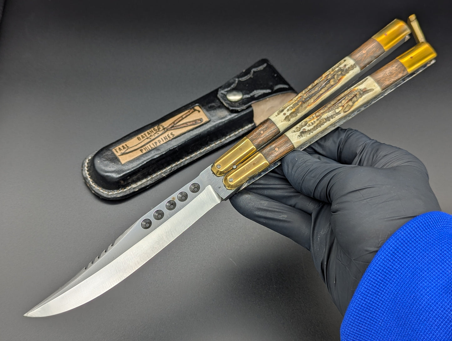 11" JIGGED COWBONE & WOOD FHM BALISONG RAMBO CLIP