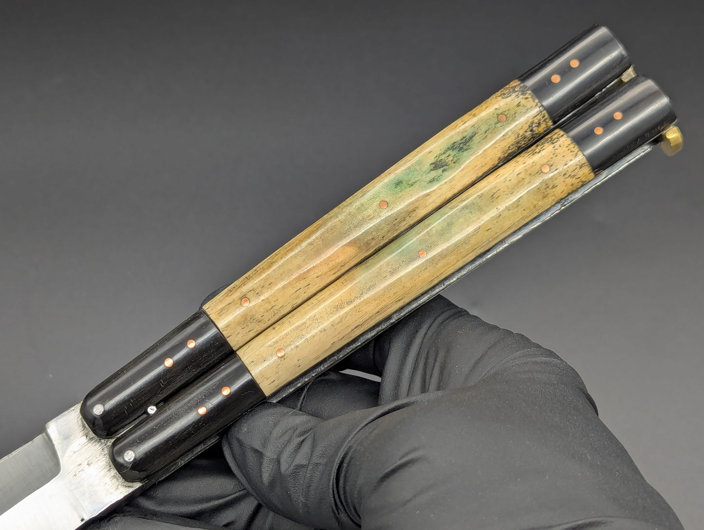 FHM BALISONG AGED BONE & CARABOA HORN 11" OL CLIP POINT BLADE