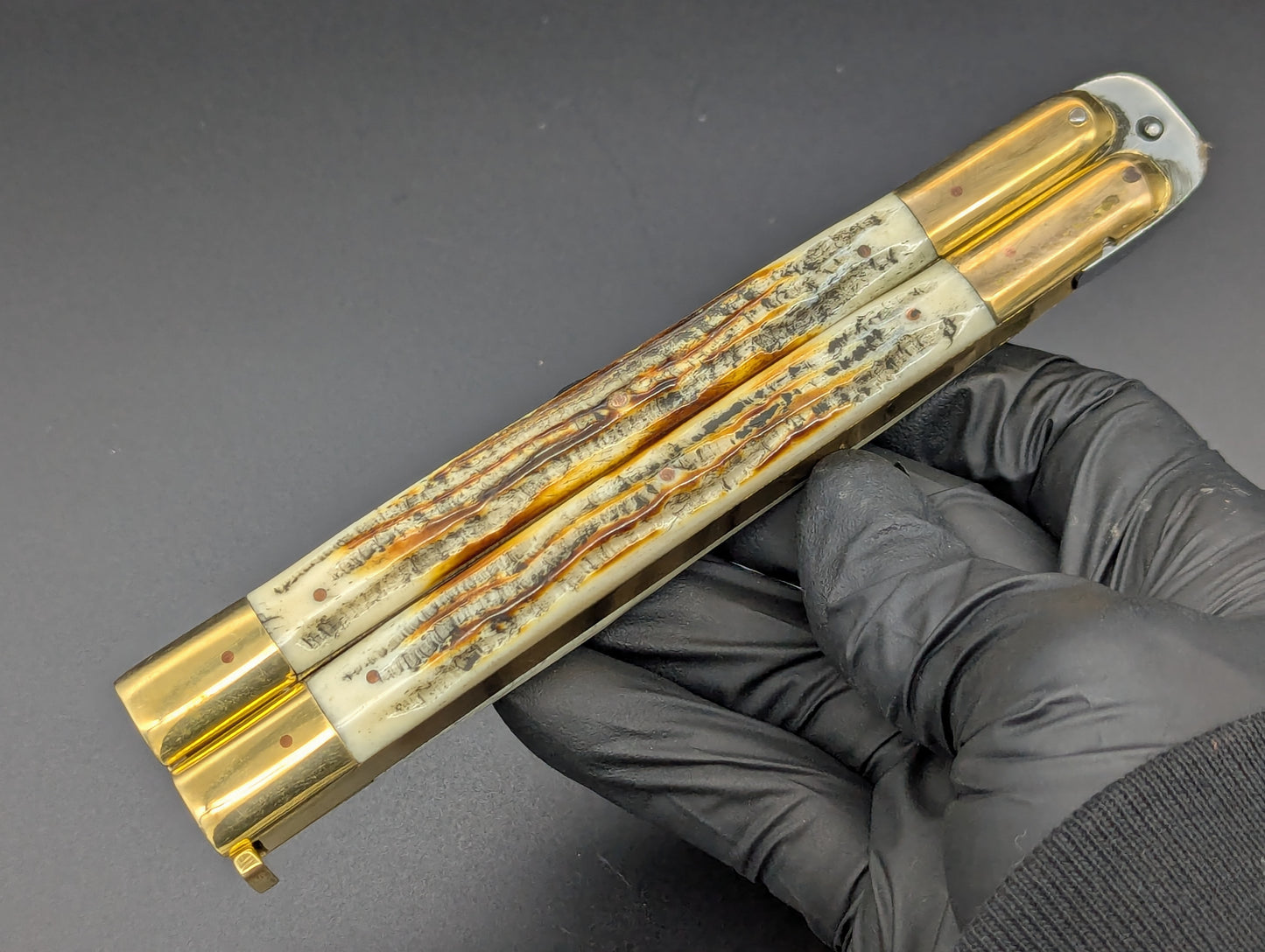 11" JIGGED COWBONE BRASS FHM BALISONG BLOOD CLIP