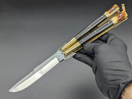 11.25" CARVED EAGLE 2-TONE SCALE BRASS FHM BALISONG MANILA BLADE