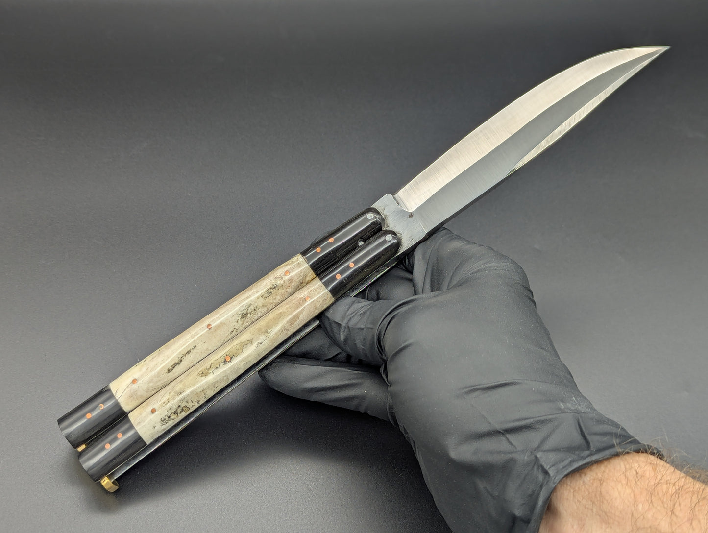 FHM BALISONG AGED BONE & CARABOA HORN 11" OL CLIP POINT BLADE