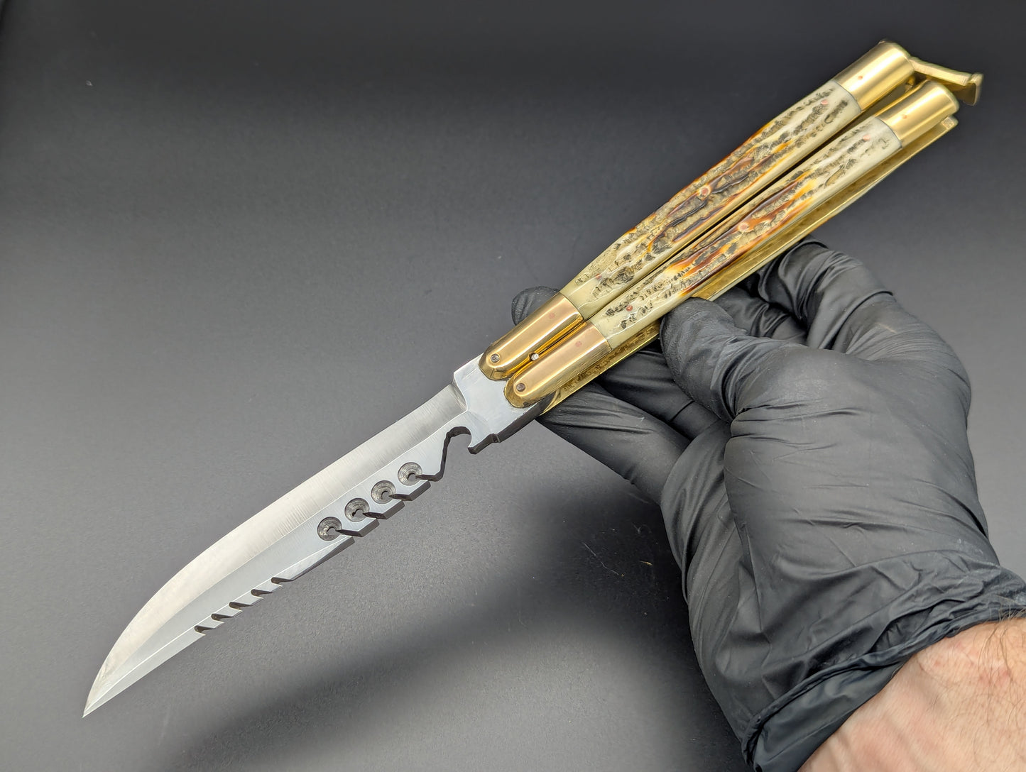 11" JIGGED COWBONE BRASS FHM BALI KNIFE RAMBO B/O CLIP POINT