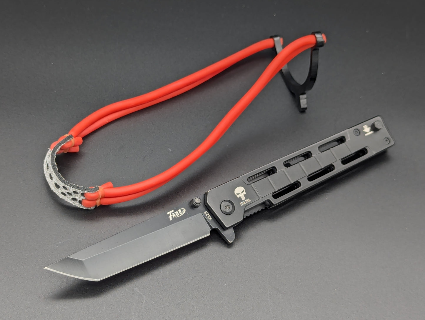 Spring Assisted Tanto Knife w/ Dual Band Slingshot