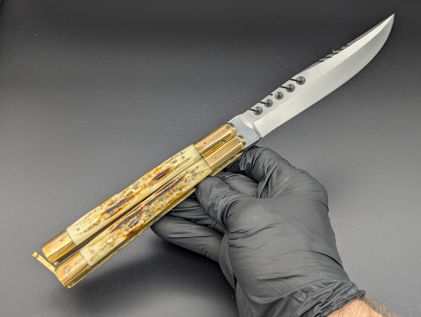 11" JIGGED COWBONE BRASS FHM BALI KNIFE RAMBO CLIP POINT