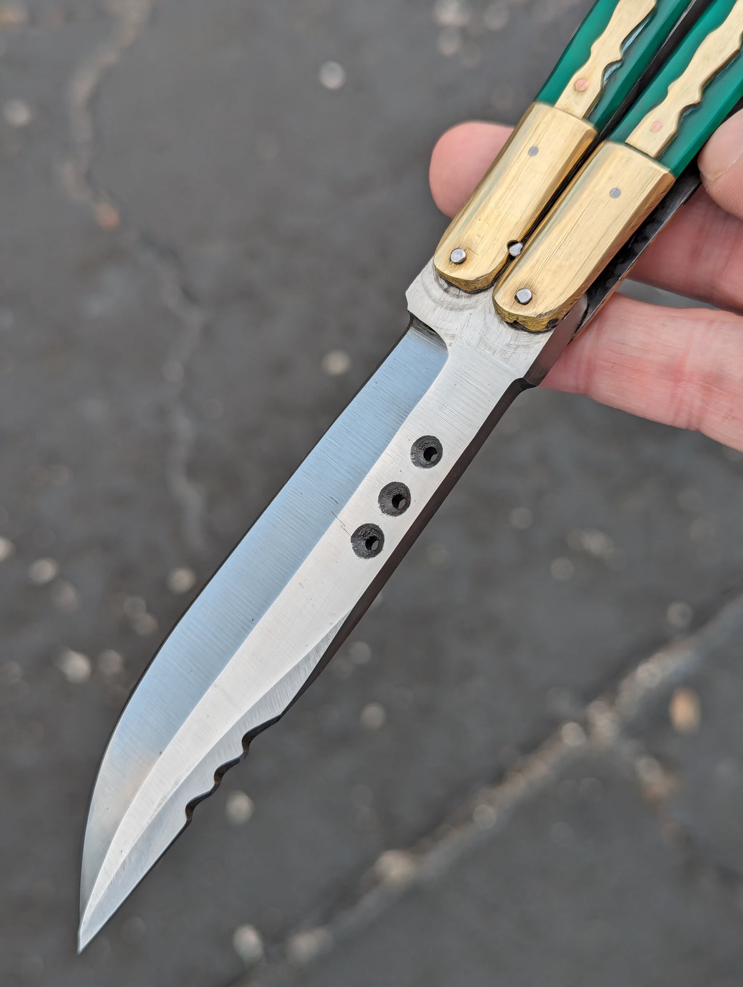 9.5" FHM KALUPKOP GREEN & BRASS BALISONG RAMBO #1