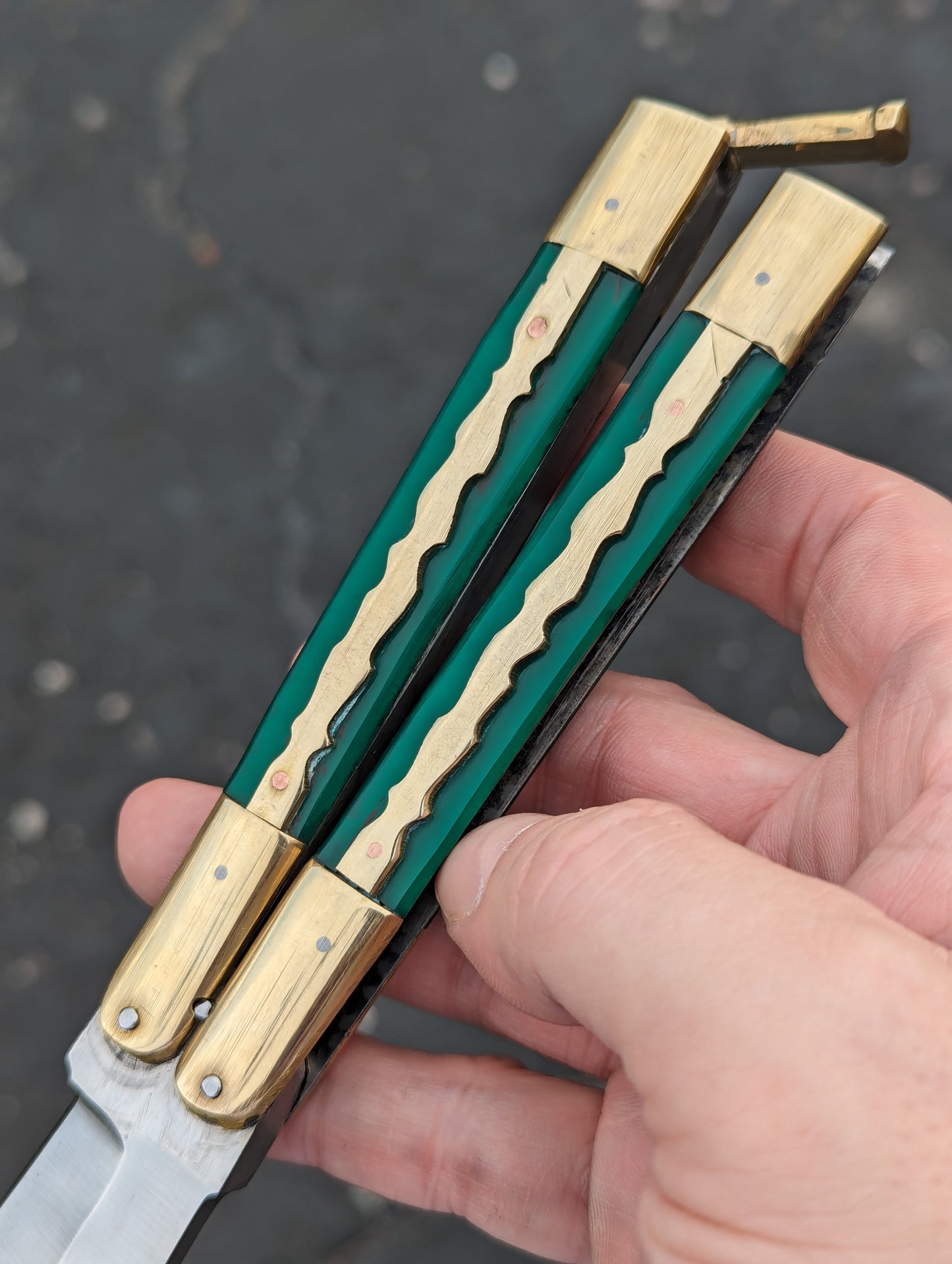 9.5" FHM KALUPKOP GREEN & BRASS BALISONG RAMBO #1