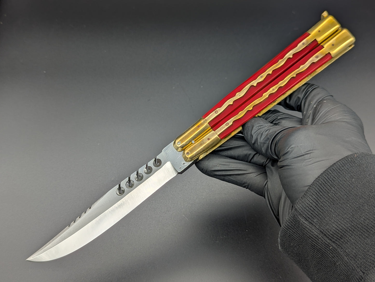 11" KALAPKUP BRASS/ RED RAMBO CLIP POINT FHM BALISONG