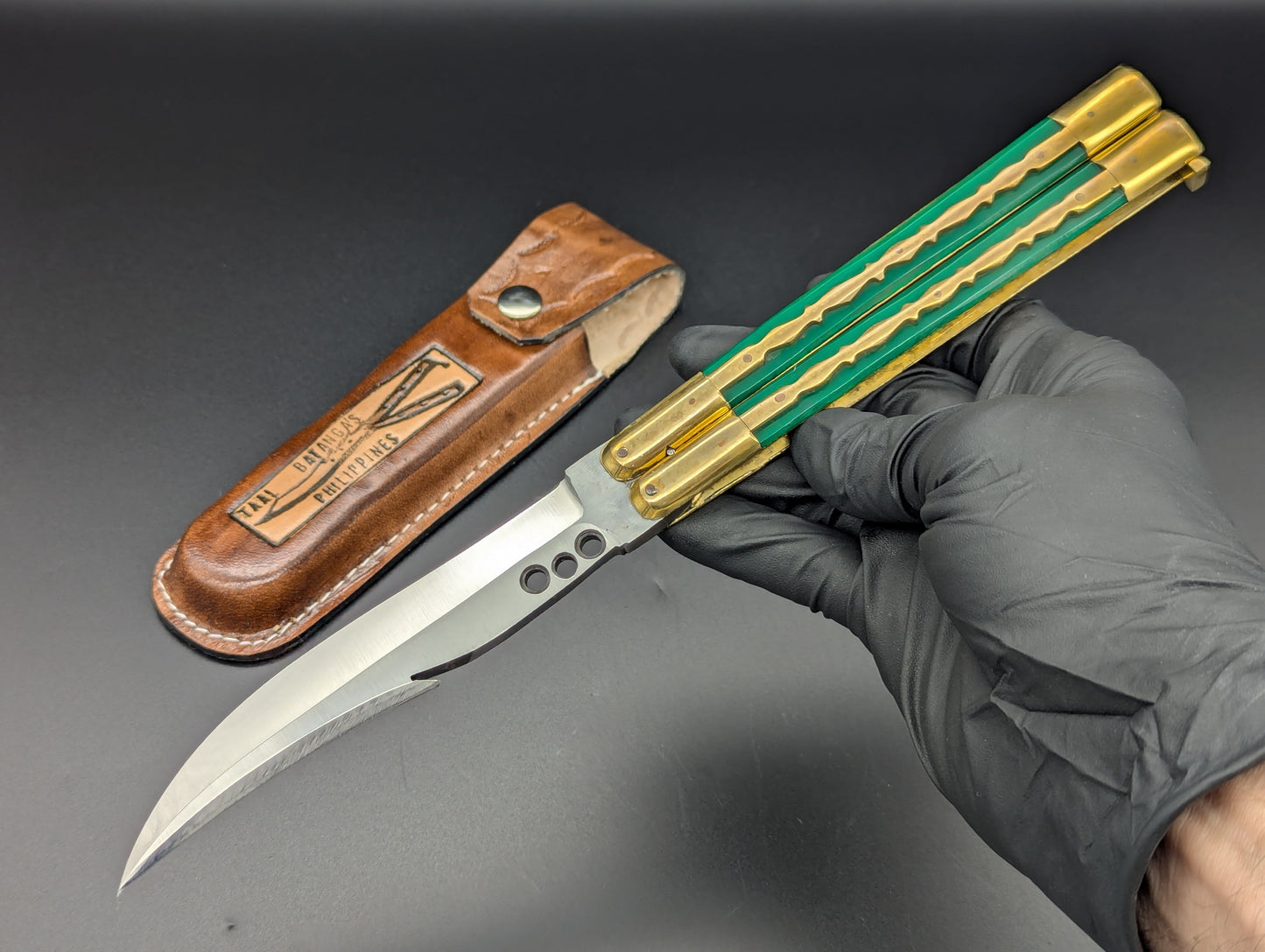 11" GREEN KALAPKOP GUT HOOK CLIP POINT FHM BALISONG