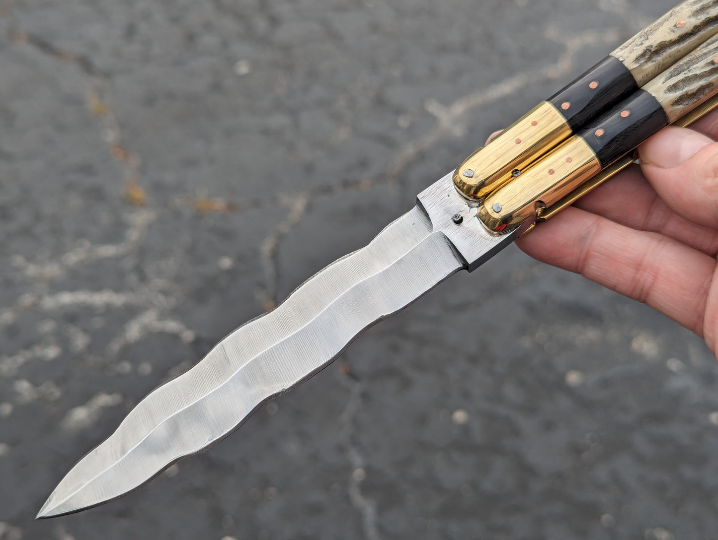 11" FHM 2-TONE STAG/ BONE BRASS BALISONG KRIS BLADE
