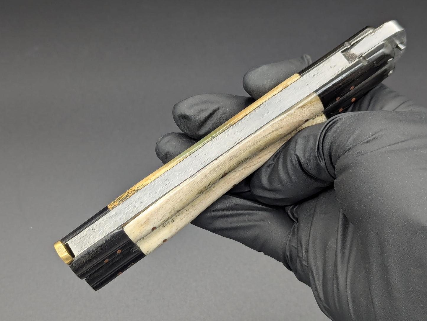 FHM BALISONG AGED BONE & CARABOA HORN 11" OL CLIP POINT BLADE