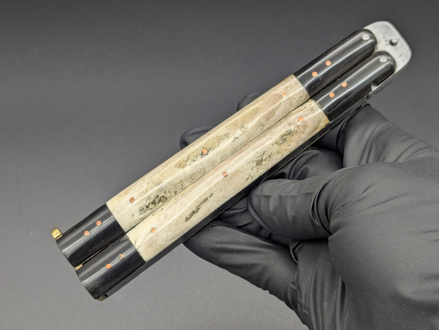 FHM BALISONG AGED BONE & CARABOA HORN 11" OL CLIP POINT BLADE