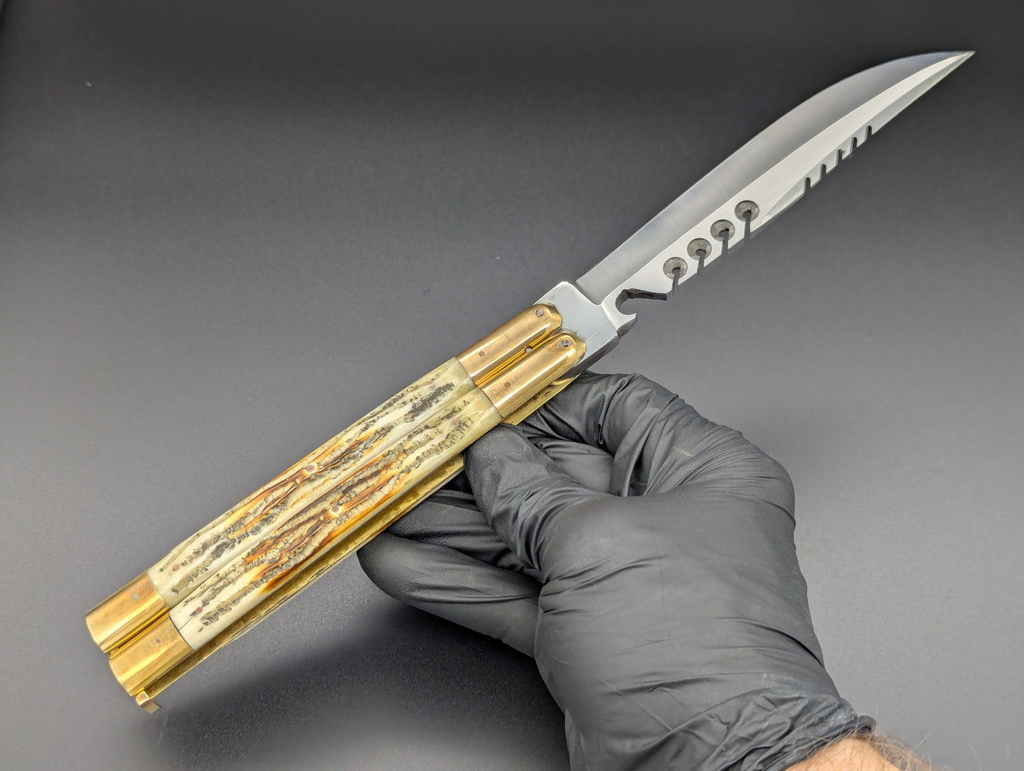 11" JIGGED COWBONE BRASS FHM BALI KNIFE RAMBO B/O CLIP POINT