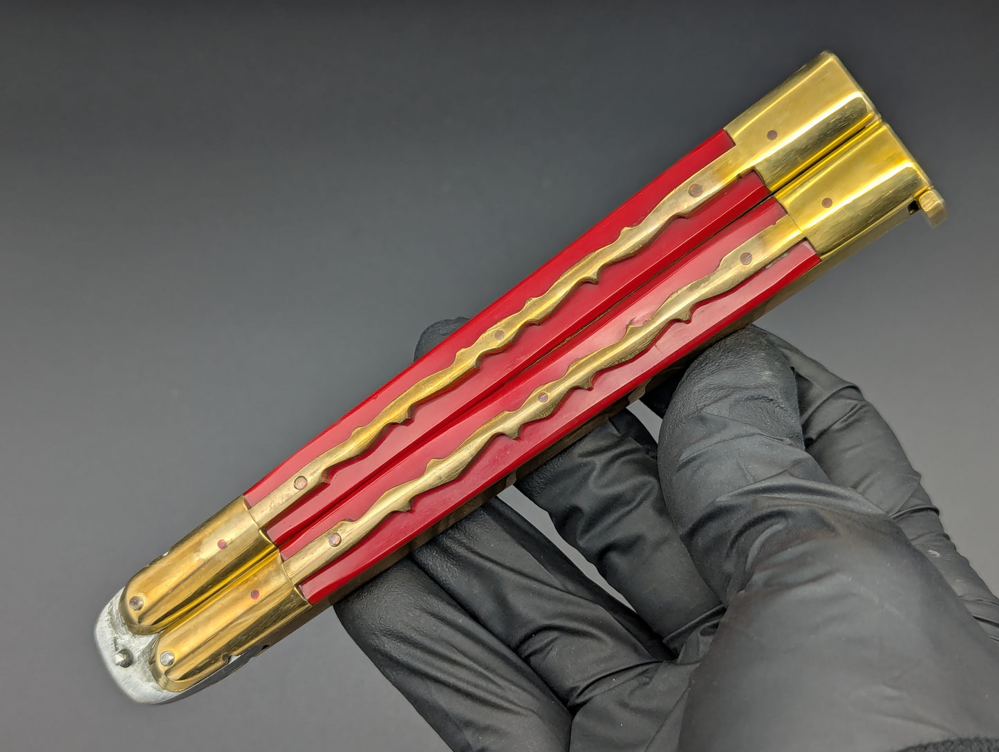 11" KALAPKUP BRASS/ RED RAMBO CLIP POINT FHM BALISONG