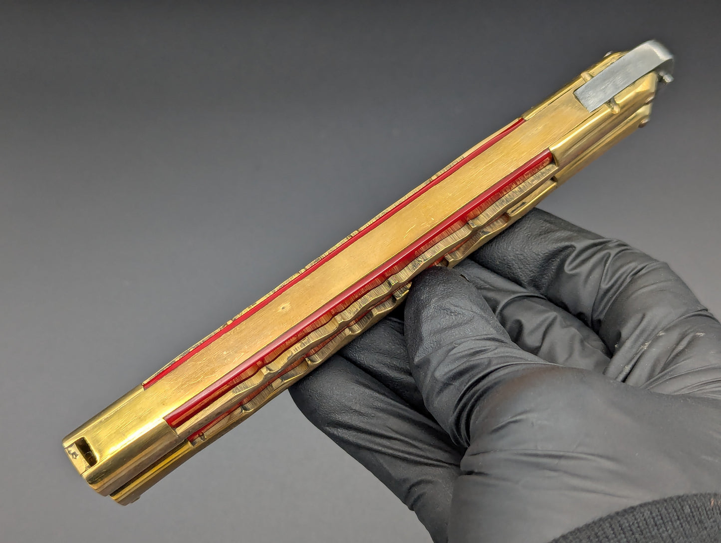 11" KALAPKUP BRASS/ RED RAMBO CLIP POINT FHM BALISONG