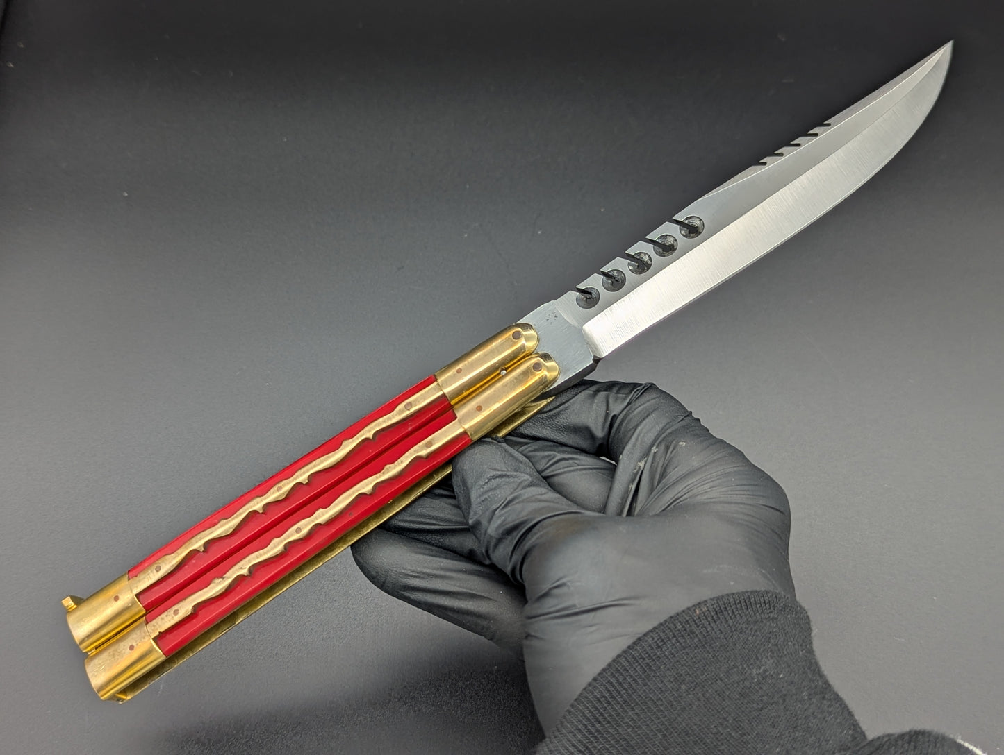 11" KALAPKUP BRASS/ RED RAMBO CLIP POINT FHM BALISONG